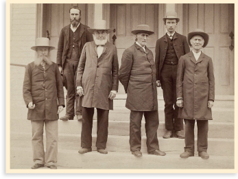 Shaker men: left to right, the first two are unidentified, Rufus Crossman, Calvin Reed, Ferdinand Gainebin, and Daniel Sizer.