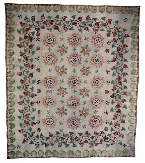 Rare Stenciled and Block Printed Counterpane
