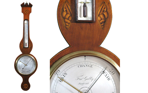 Regency period inlaid mahogany Sheraton Shell barometer by Francis Gally, Sheffield