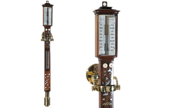 Mid 19th century rosewood twin vernier marine barometer with mother of pearl and brass inlay by William Mowbray, Hartlepool