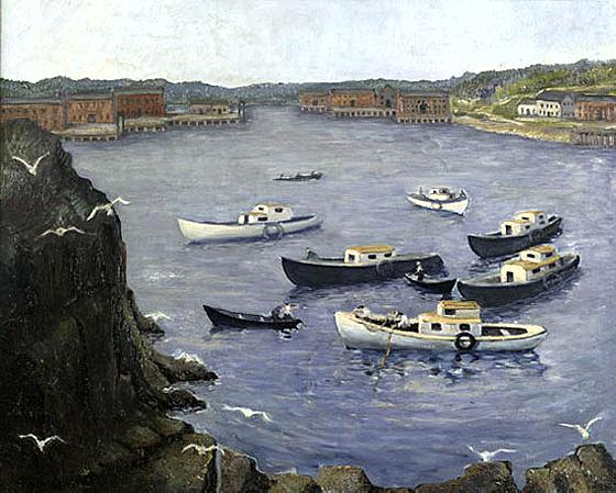 <i>Fishing Boats Below Cliffs</i>