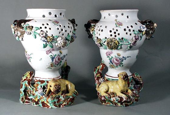 Pair Tournai Faience Potpourri Urns with Pug Dog