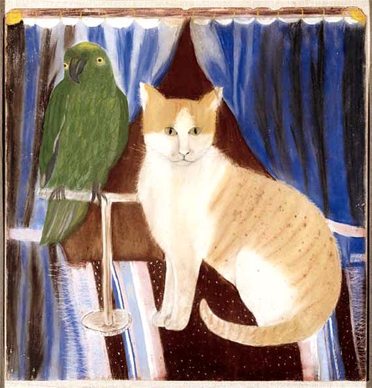Pastel of a Cat & Parrot
