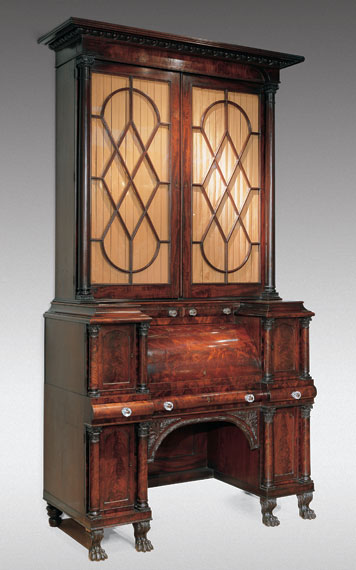 Carved Mahogany Cylinder Secretary Bookcase