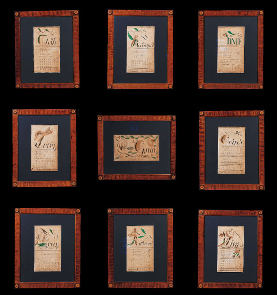 Nine of a Set of Thirteen Calligraphic Watercolors