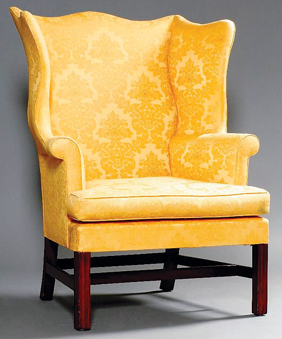 Chippendale Mahogany Molded Leg Upholstered Yellow Damask Wing Chair