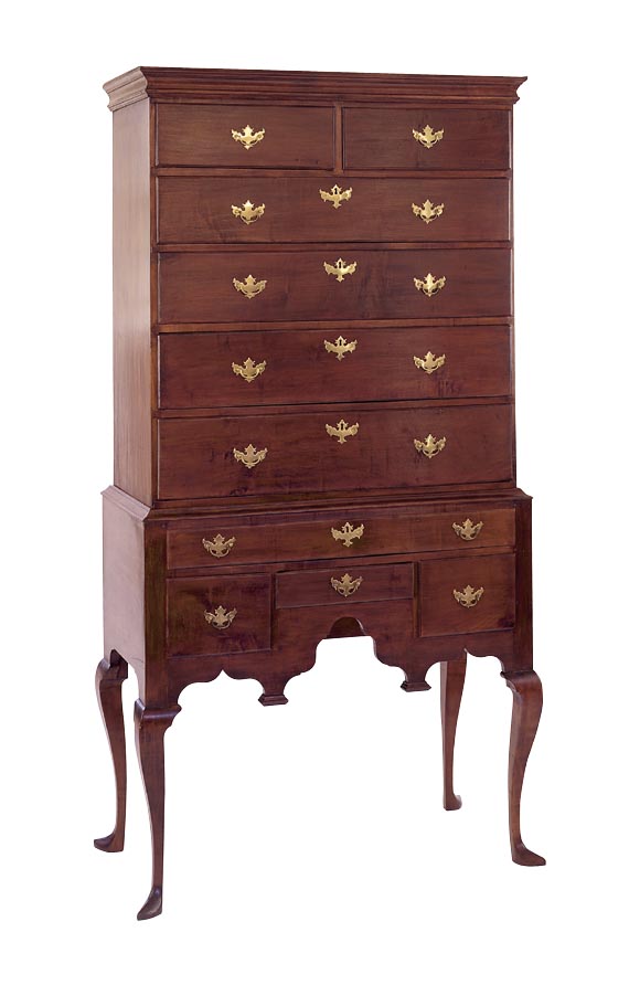 FLAT-TOP HIGHBOY IN MAPLE WITH WALNUT FINISH.