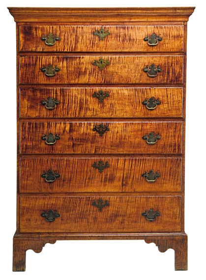 Chippendale Tiger Maple Six Drawer Chest