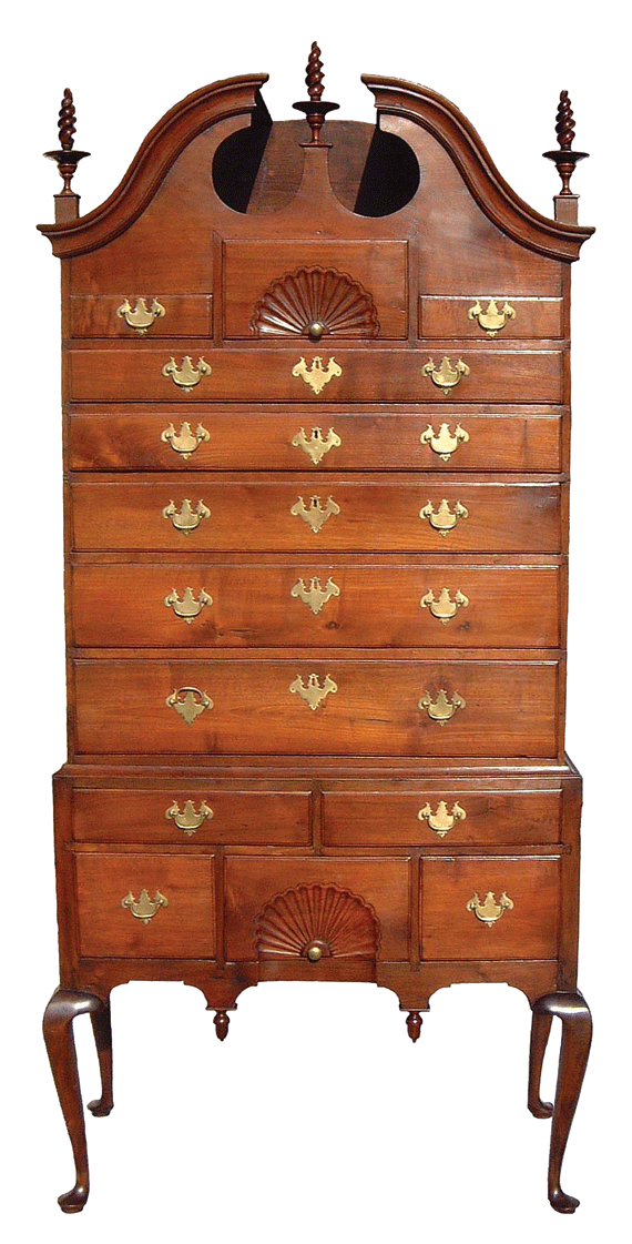 Queen Anne Walnut and Tiger Maple Bonnet Top Highboy