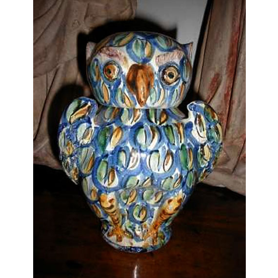 Ceramic, Owl formed Majolica jar and cover