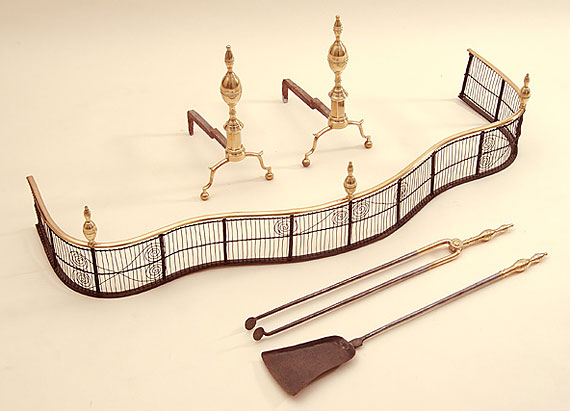 Federal Brass Lemon-top Andirons w/ Fender & Tools