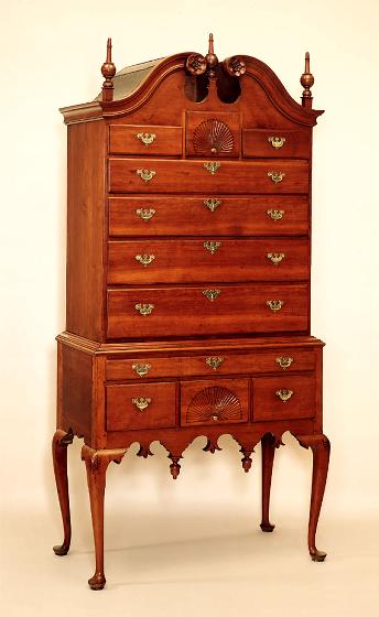 Queen Anne Carved Cherry Bonnet-Top Highboy