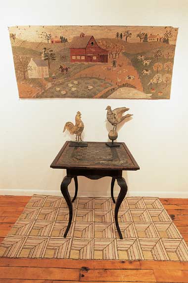Folky Pictorial Hooked Rug, Diminutive 19th...