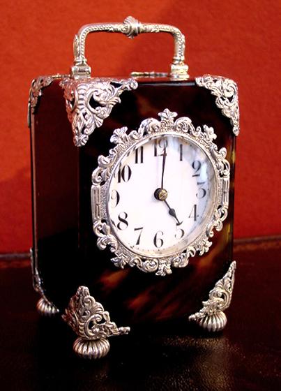 An English tortoiseshell & silver carriage clock