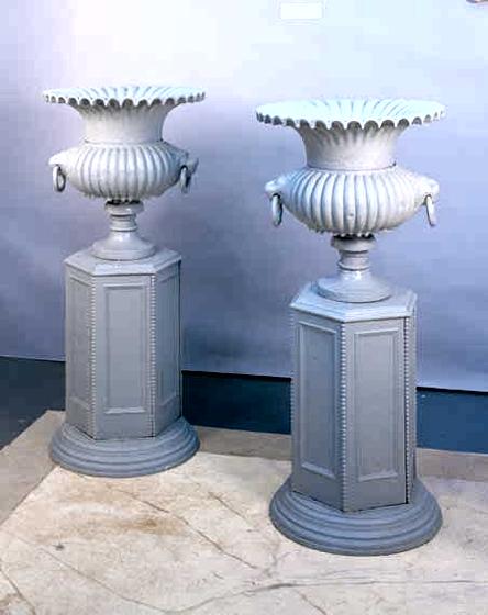 Pair of Cast Iron Woodbury Vases or Garden Urns