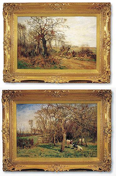 Shepherd and His Flock in a Country Lane and Cattle in an Orchard