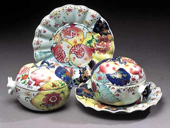 Pair of Tobacco Leaf Tureens with Covers & Dishes