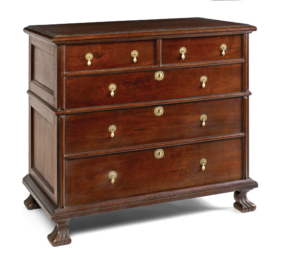 Copy of a Philadelphia Spanish  foot walnut paneled chest on chest