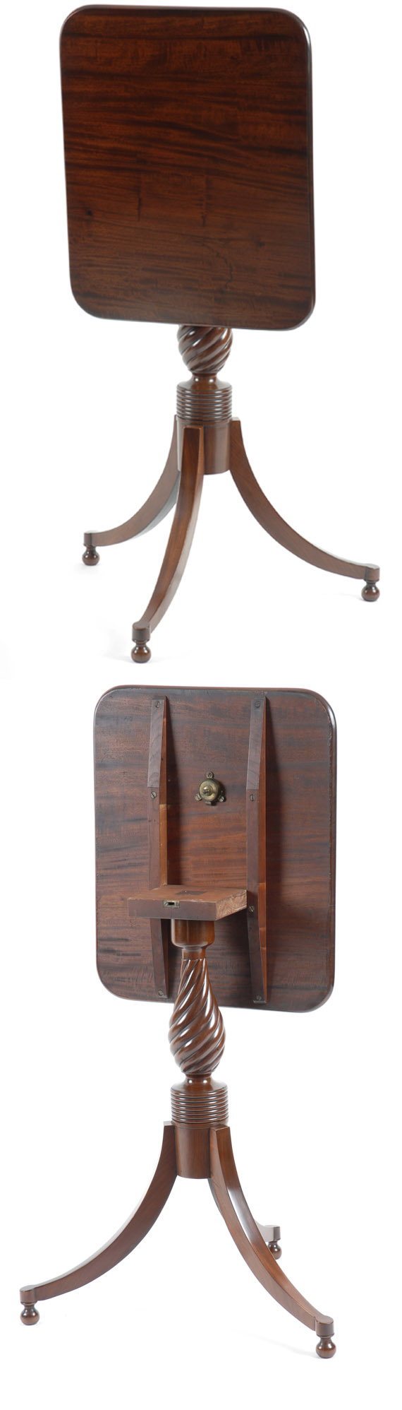 A wonderful Sheraton figured mahogany candle stand, Boston, circa 1815.