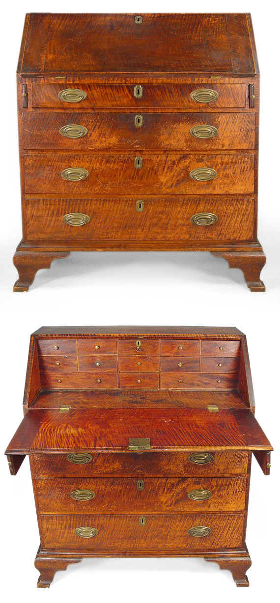 A terrific curly maple slant front desk, Westport, Southern Bristol County, Massachusetts, circa 1790.