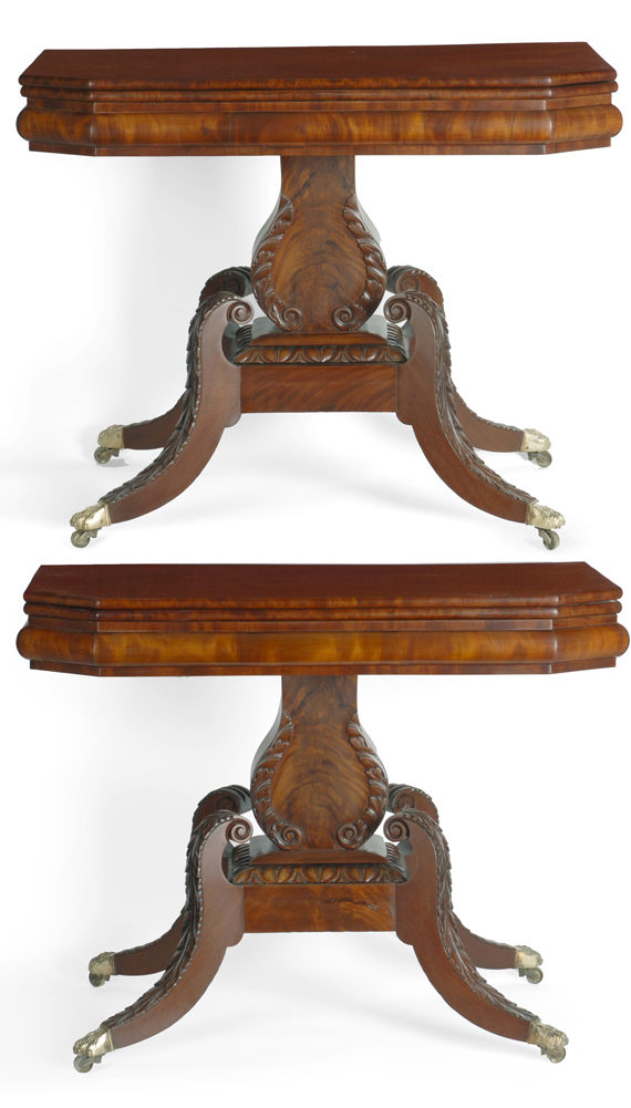 Classical mahogany lyre base games tables, Boston, circa 1820.