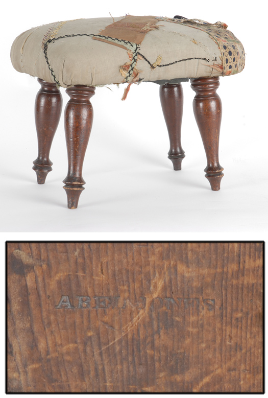A Rare A Rare Sheraton Mahogany Foot Stool With Patchwork Covering, Stamped By Abel Jones Winchedon,  Massachusetts, circa 1830.
