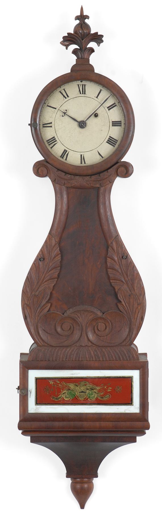 A rare Boston school box- lyre timepiece with wood and eglomisé front, Boston, circa 1830-35.