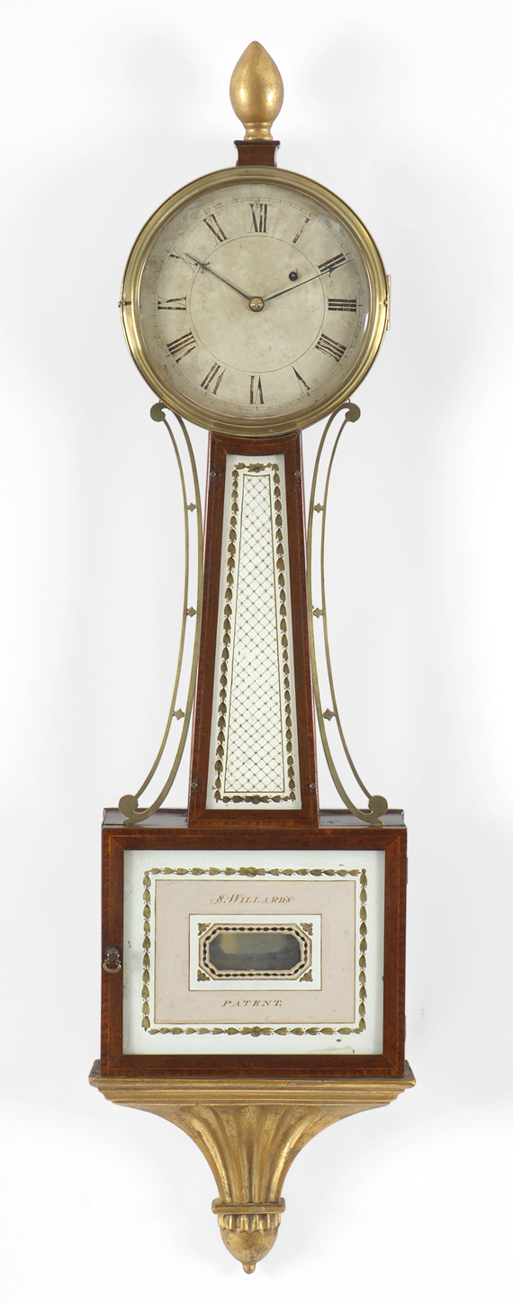 The Crowninshield-Waters Federal mahogany and eglomisé patent time piece, by Simon Willard, Roxbury, Massachusetts, Circa 1807.