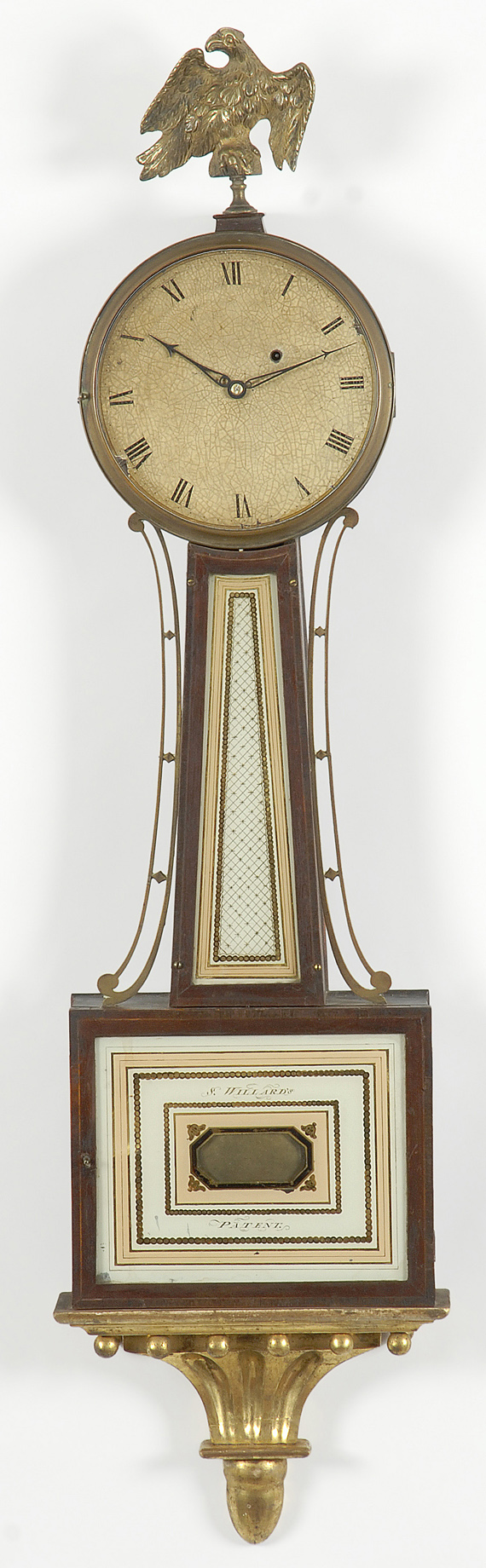 A fine Federal mahogany and eglomisé patent time piece, by Simon Willard, Roxbury, Massachusetts, Circa 1805-10.
