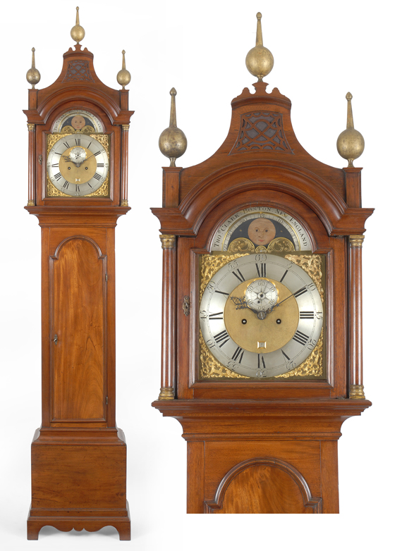 A rare Chippendale mahogany tall case clock with pagoda top, by Thomas Clark, Boston, Massachusetts, Circa 1765.