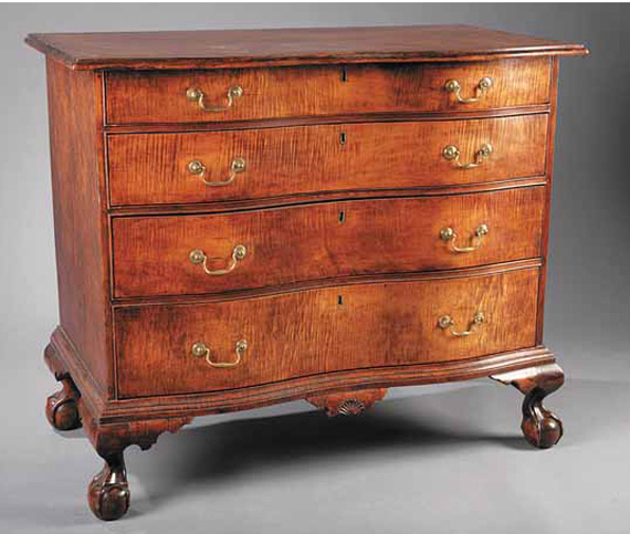 CHIPPENDALE CARVED MAPLE AND TIGER MAPLE CHEST