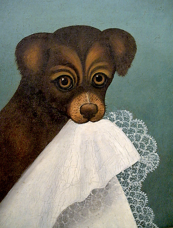 Puppy Holding Lace Worked Linen