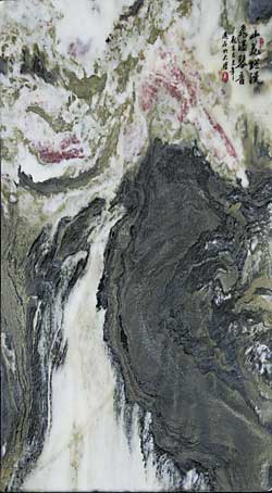 The mountain flowers are in full bloom and the sound of the waterfall appears to be calling the birds. The stone was selected from the Cang Mountain in Da Li of Yunnan in 2009 by Yang Dai Ze.
