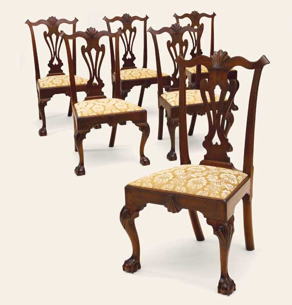 The Dawes-Morris Family Rare and Outstanding Set of Six Chippendale Walnut Side Chairs